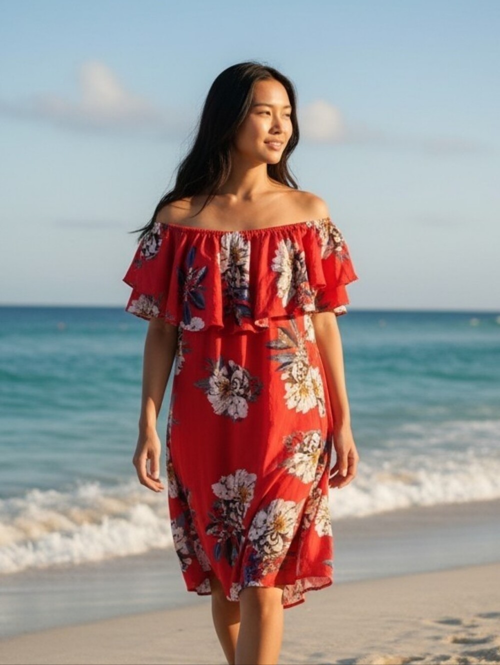 Floral Off-Shoulder Red Mini Dress